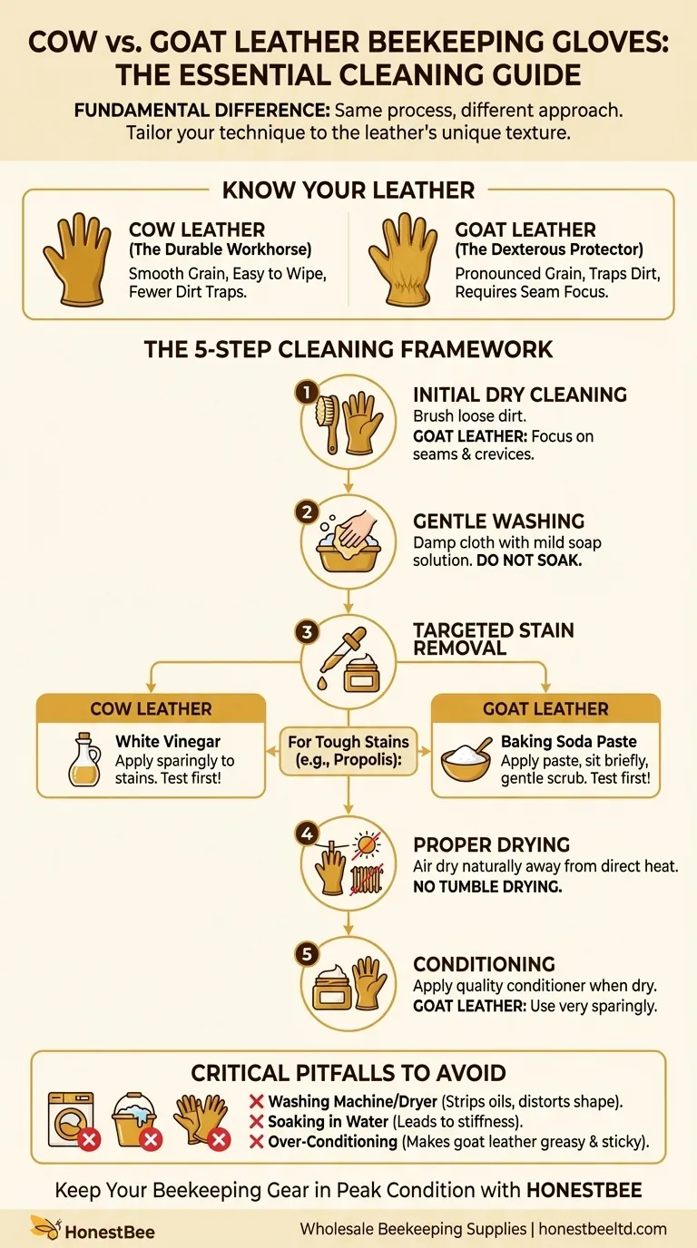 What is the difference between cleaning cow leather and goat leather beekeeping gloves? Tailor Your Care for Longevity Visual Guide