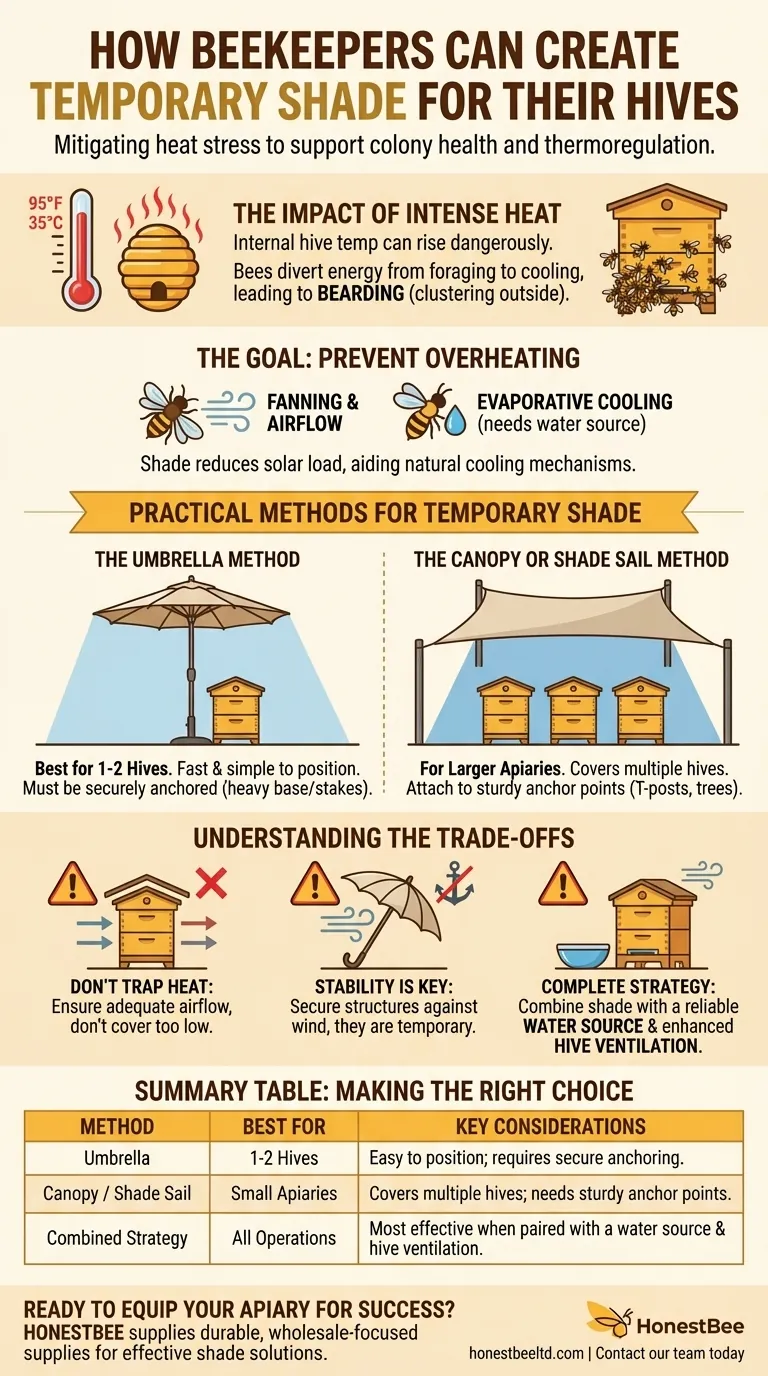 How can beekeepers create temporary shade for their hives? Protect Colonies from Heat Stress Visual Guide