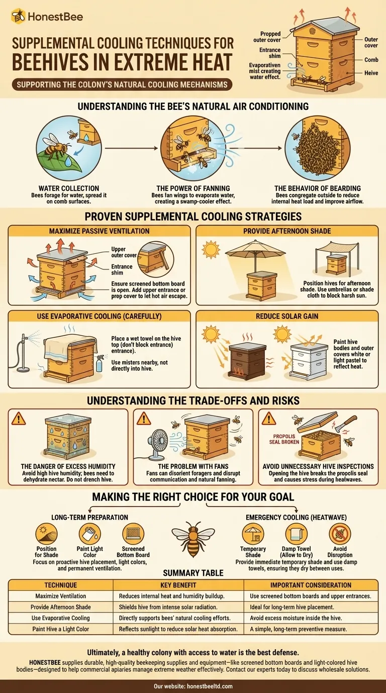 What are some supplemental cooling techniques for beehives in extreme heat? Prevent Colony Loss Now Visual Guide