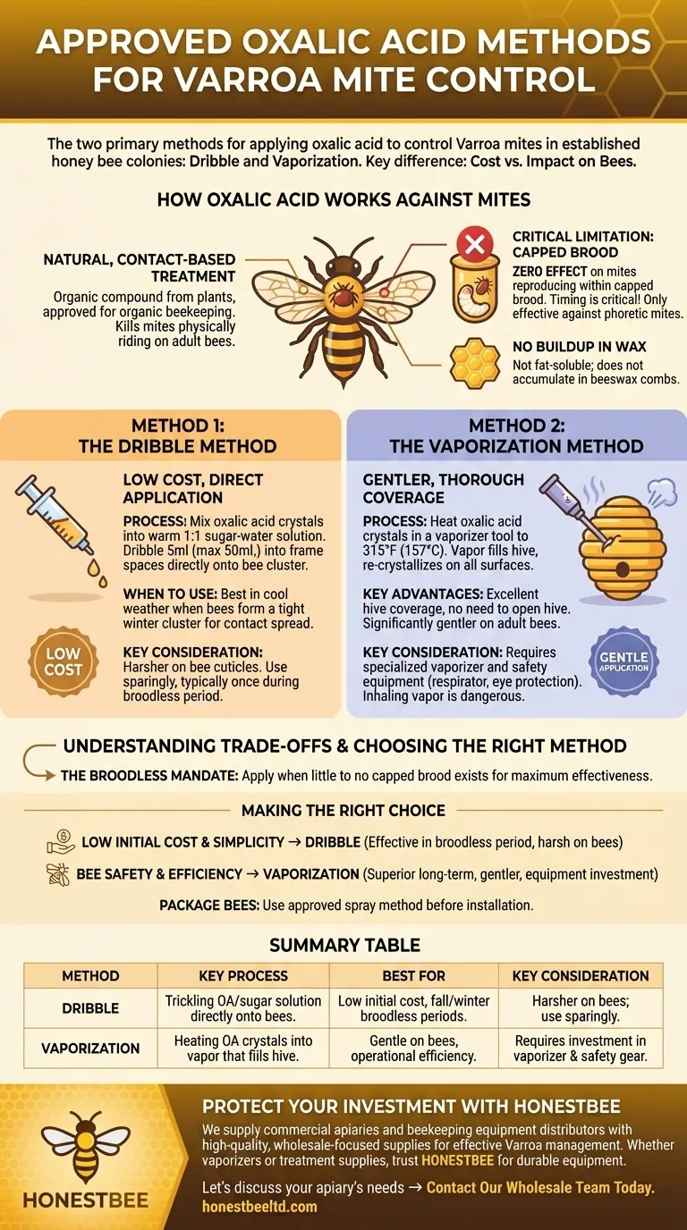 What are the two approved methods of using oxalic acid for mite control? Dribble vs. Vaporization Explained Visual Guide