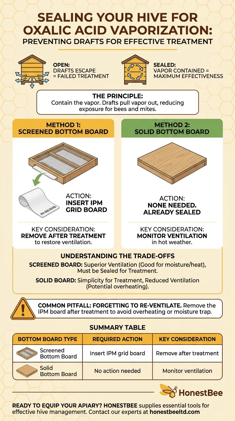 What should be inserted under the hive to reduce drafts during oxalic acid vaporization? Ensure Effective Varroa Mite Control Visual Guide