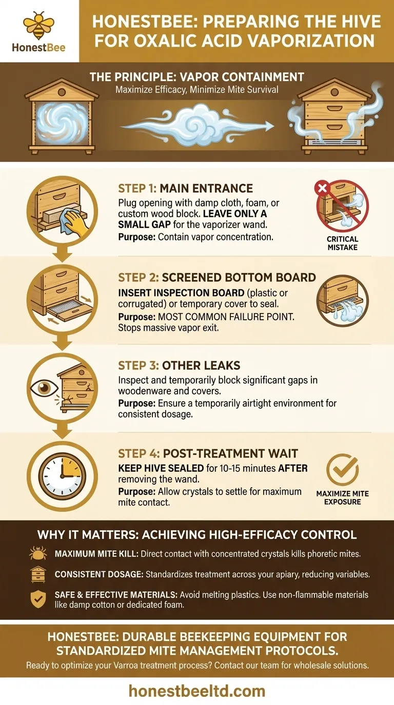 How should the hive entrance be prepared before inserting the vaporizer wand? Ensure Maximum Varroa Mite Control Visual Guide