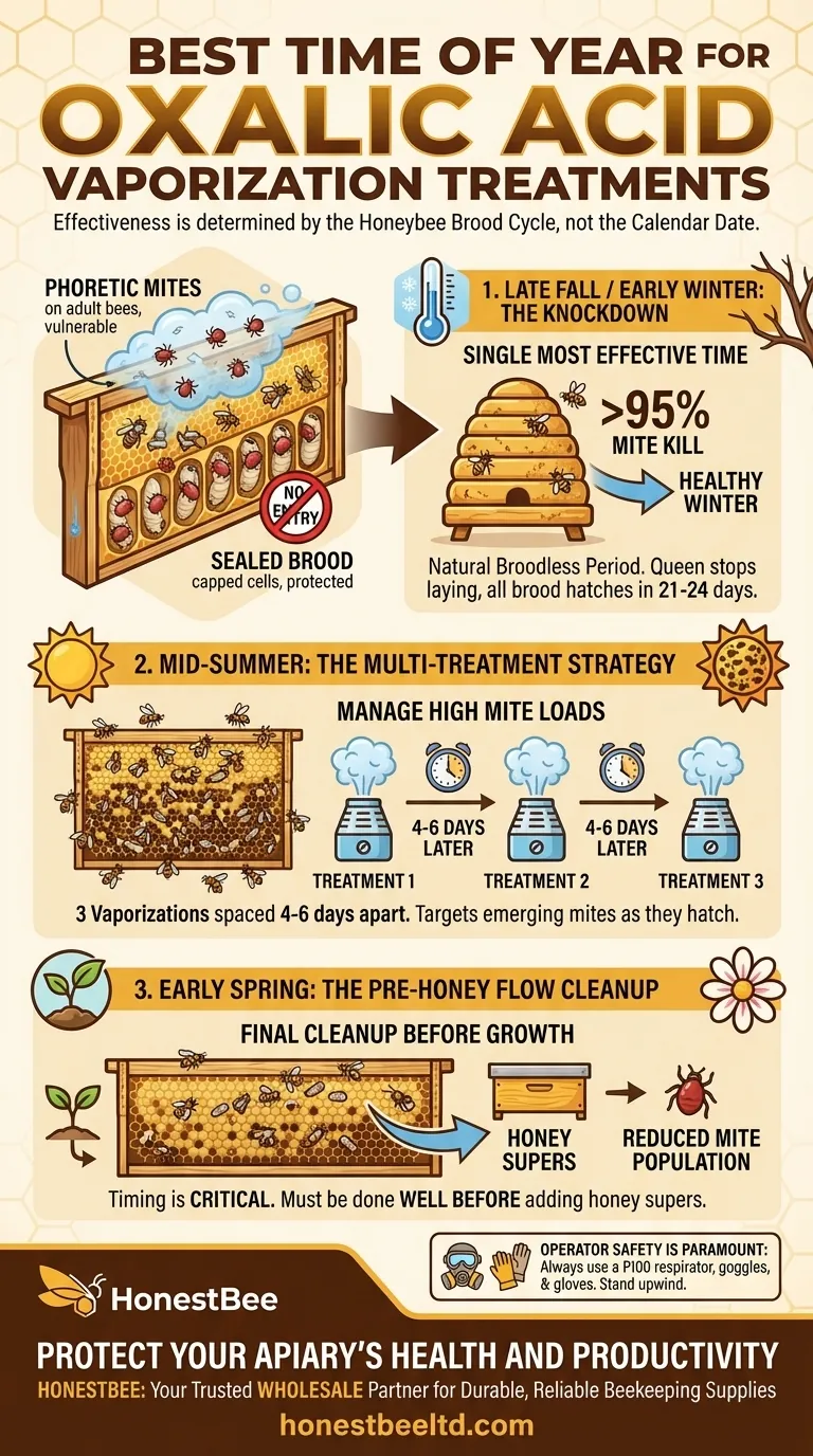 What is the best time of year to perform oxalic acid vaporization treatments? Master Varroa Mite Control Visual Guide