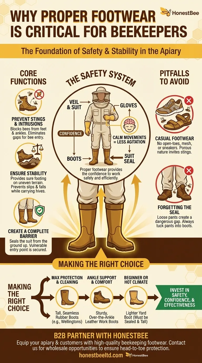 Why is proper footwear important for beekeepers? Ensure Safety & Stability in the Apiary Visual Guide