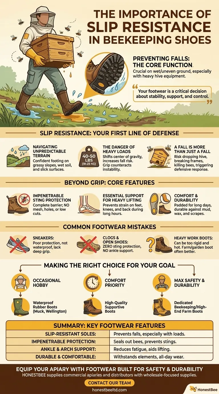 Qual è l'importanza della resistenza allo scivolamento nelle scarpe da apicoltura? Prevenire le cadute e proteggere i tuoi alveari Guida Visiva