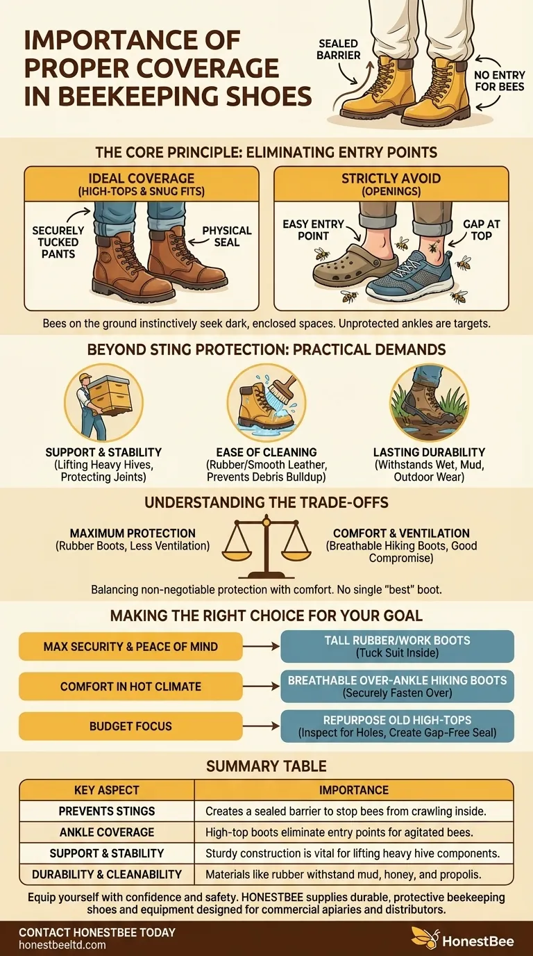 What is the importance of proper coverage in beekeeping shoes? Essential Protection for Your Feet and Ankles Visual Guide