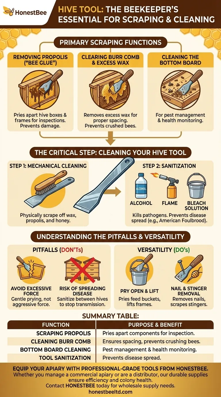 How is a hive tool used for scraping and cleaning? Master Hive Maintenance for a Healthy Colony Visual Guide