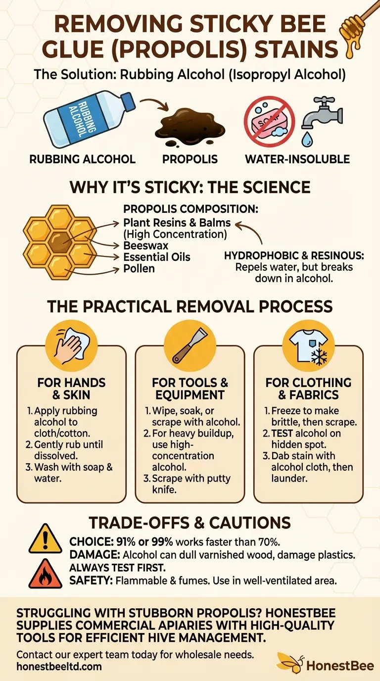 What can be used to remove sticky bee glue or propolis stains? Dissolve Stubborn Propolis with the Right Solvent Visual Guide