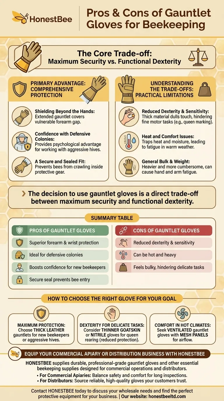 What are the pros and cons of gauntlet gloves for beekeeping? Choose the Right Protection for Your Apiary Visual Guide