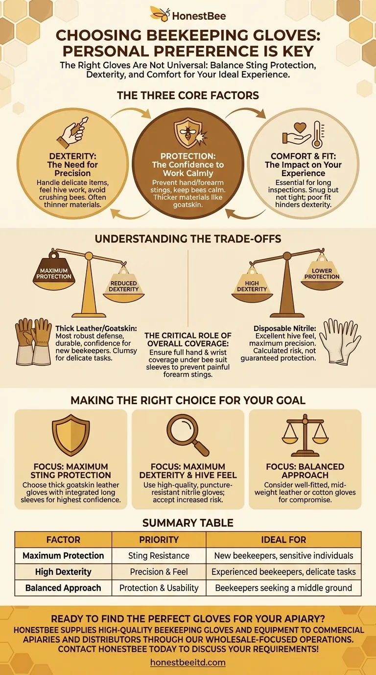 Why is personal preference important when choosing beekeeping gloves? Find Your Perfect Fit for Protection & Dexterity Visual Guide