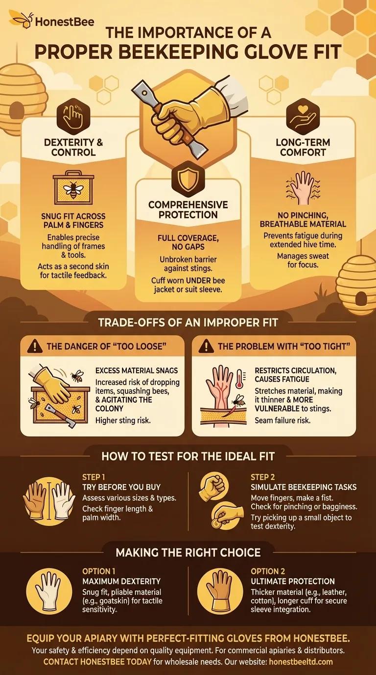 What should beekeepers consider regarding the fit of beekeeping gloves? Achieve Safety and Dexterity Visual Guide