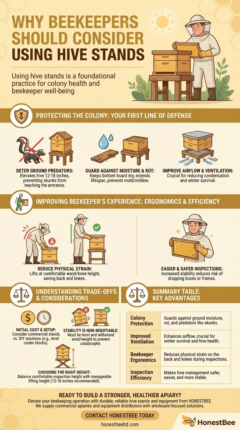Why should beekeepers consider using hive stands? Protect Your Hives and Your Back Visual Guide