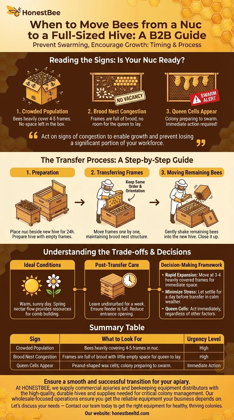 What are the signs that it is time to move bees from a nuc to a full-sized hive? Prevent Swarming & Boost Growth Visual Guide