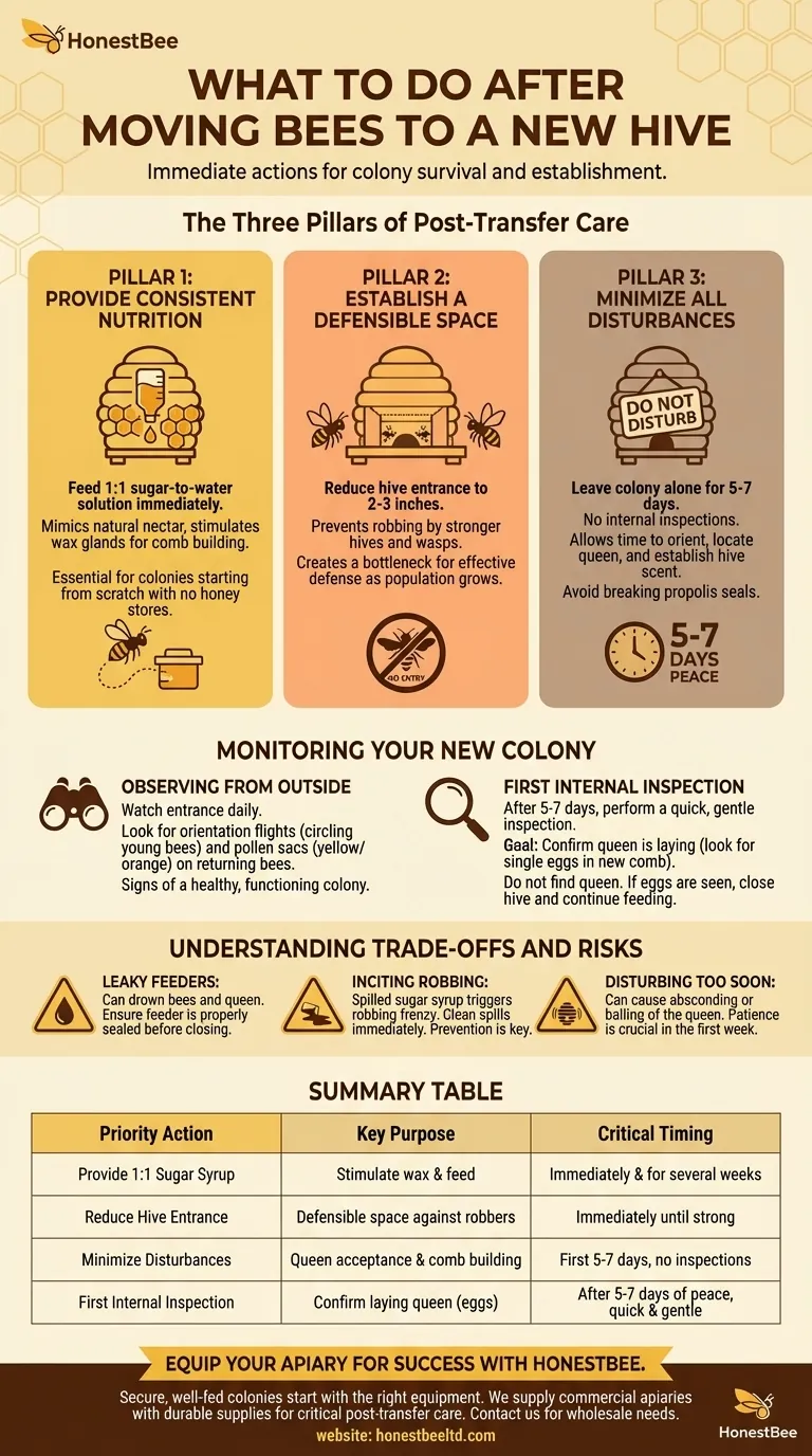 What should be done after moving the bees to the new hive? Essential Post-Transfer Care Guide Visual Guide