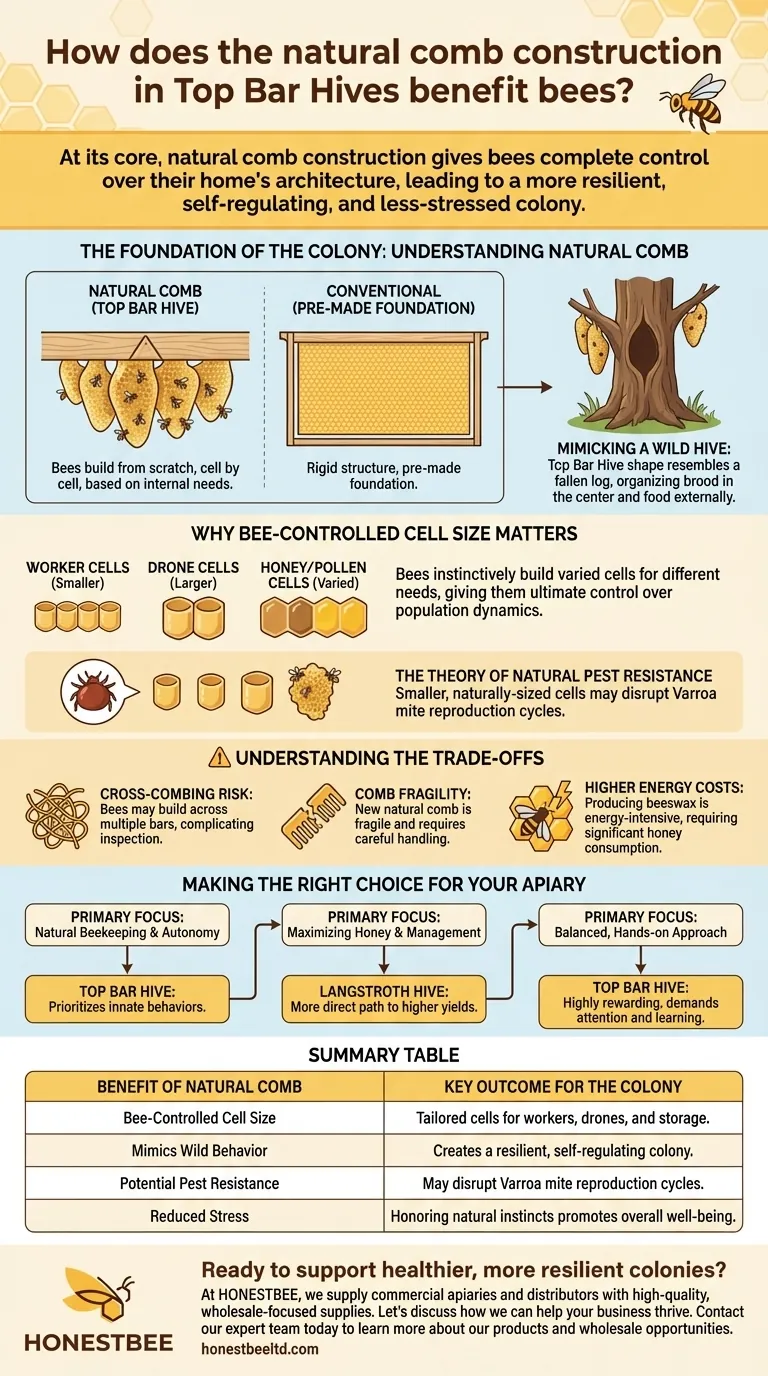 How does natural comb construction in Top Bar Hives benefit bees? Boosting Colony Health and Autonomy Visual Guide