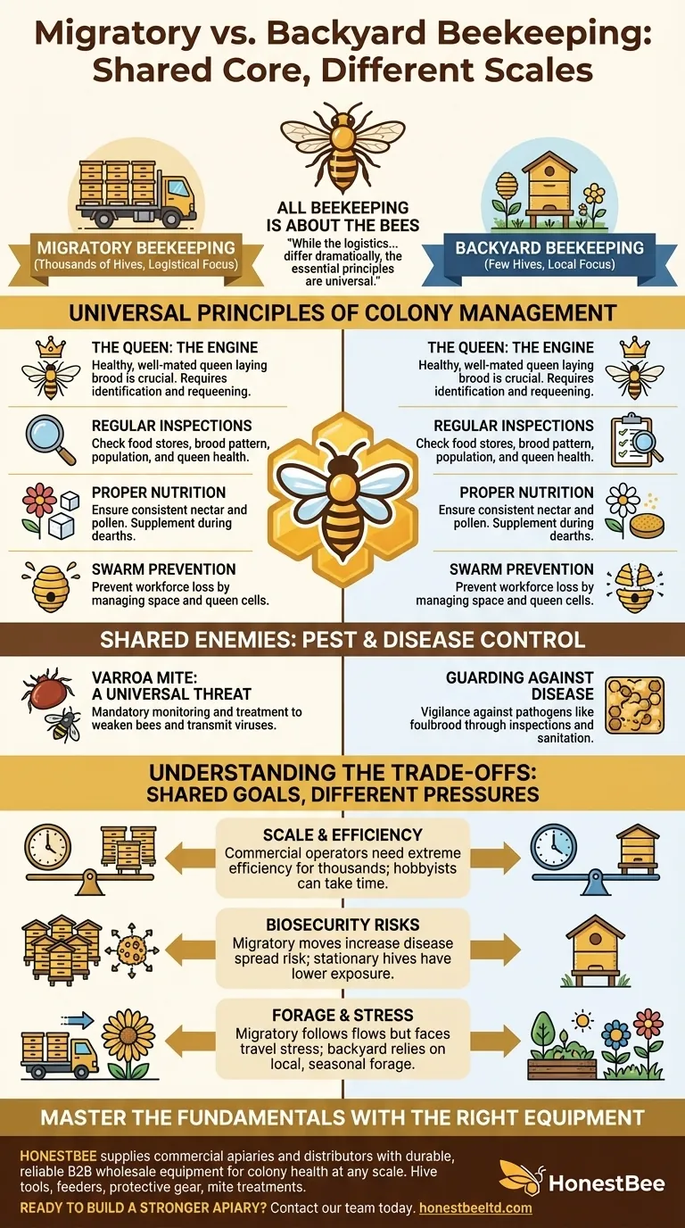 What are the similarities between migratory beekeeping and backyard beekeeping? Uncover the Universal Principles of Beekeeping Visual Guide