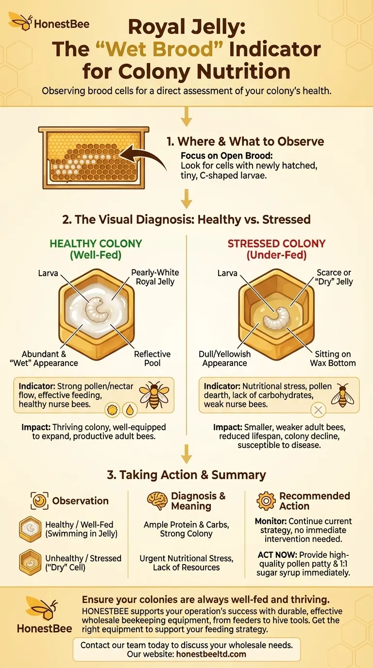 How should royal jelly in brood cells be observed when feeding bees? A Guide to Assessing Colony Health Visual Guide