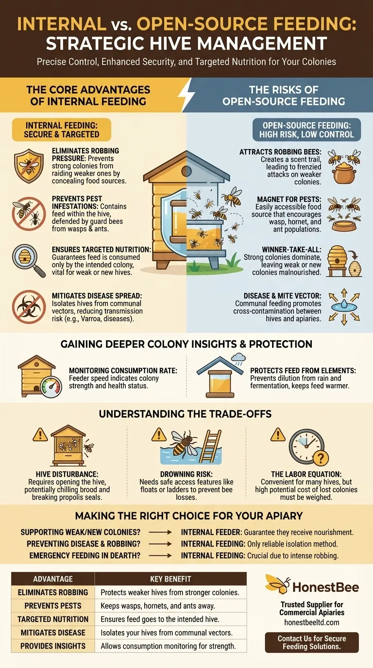 What are the advantages of internal feeding over open-source feeding? Secure Your Hives and Boost Colony Health Visual Guide