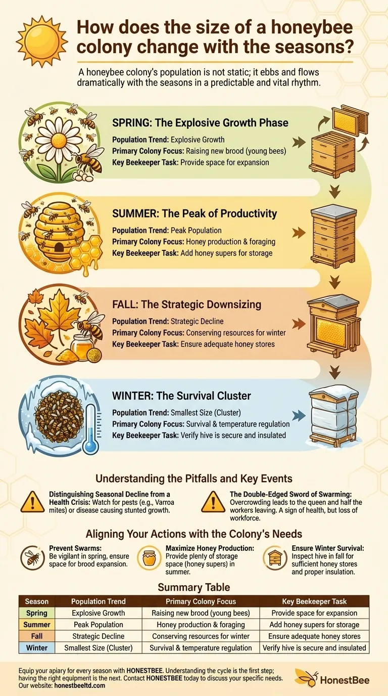 How does the size of a honeybee colony change with the seasons? Master the Annual Cycle for a Thriving Apiary Visual Guide