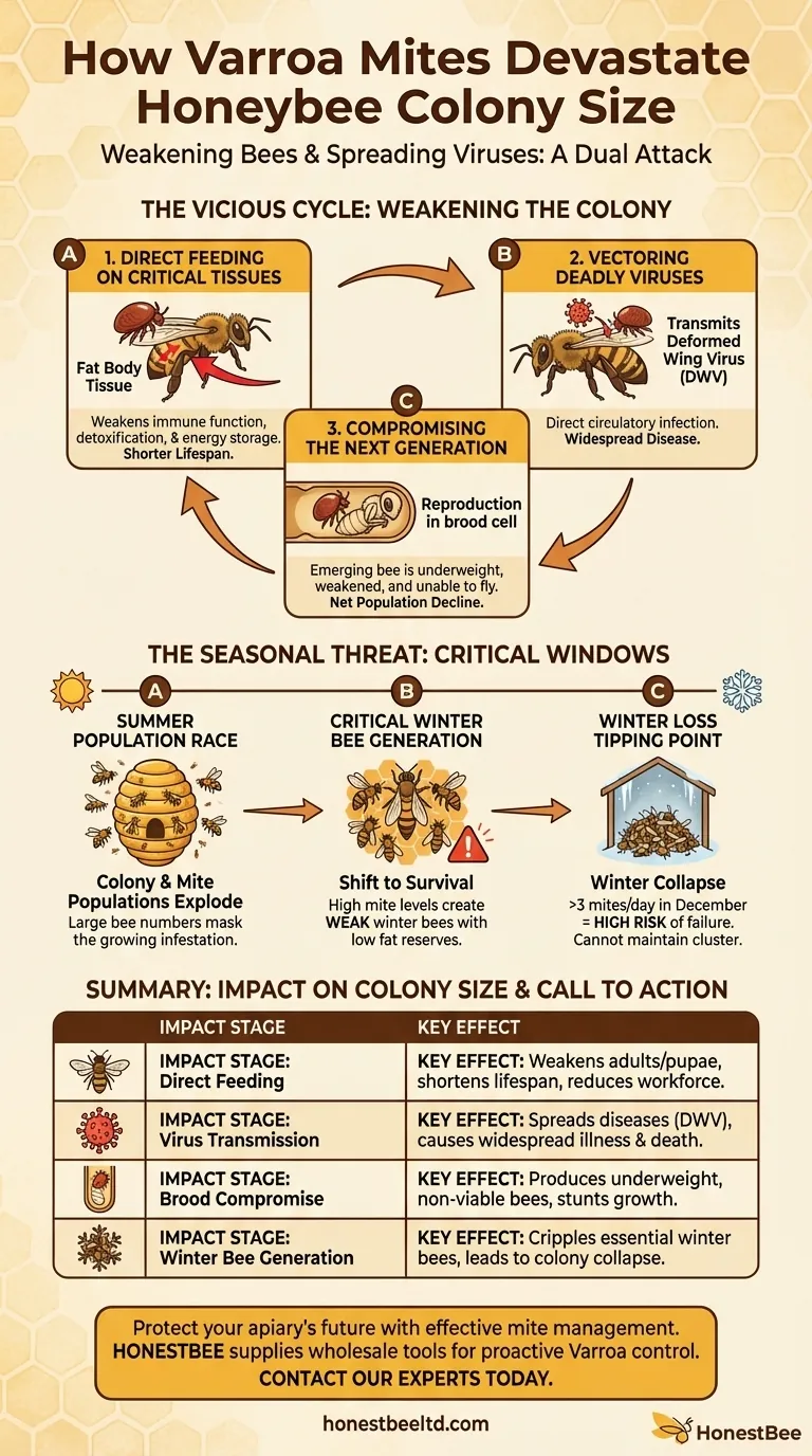 How do pests like Varroa mites affect honeybee colony size? They Cripple Winter Bees and Cause Colony Collapse Visual Guide
