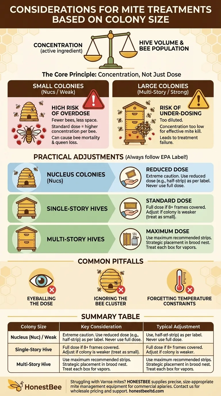 What are the considerations for mite treatments based on colony size? Ensure Safe & Effective Varroa Control Visual Guide