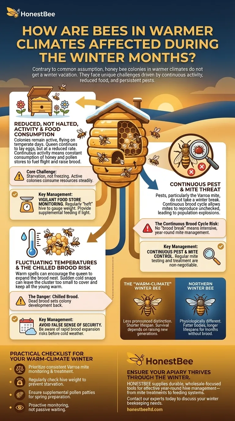 How are bees in warmer climates affected during the winter months? Managing Active Colonies for Success Visual Guide