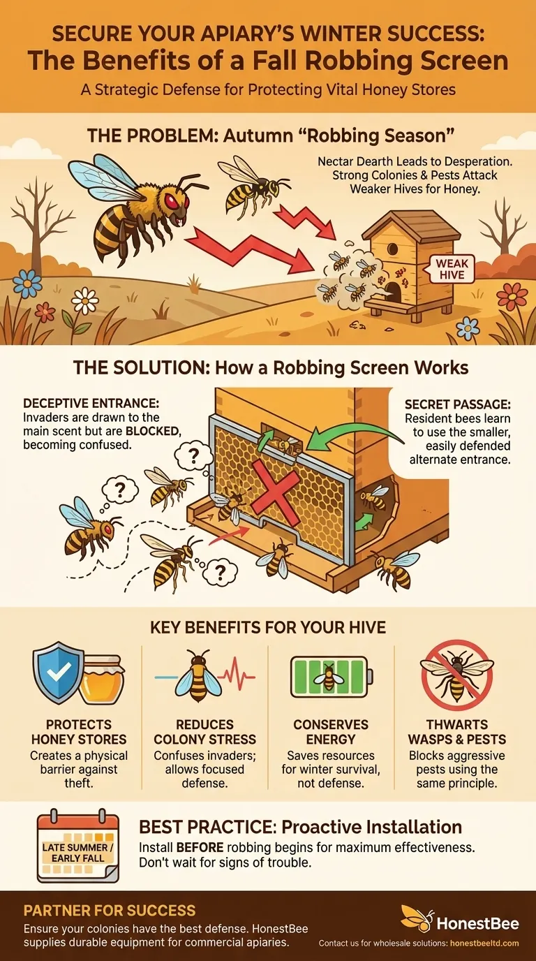 How does a robbing screen benefit bees in the fall? Protect Your Hive's Winter Honey Stores Visual Guide