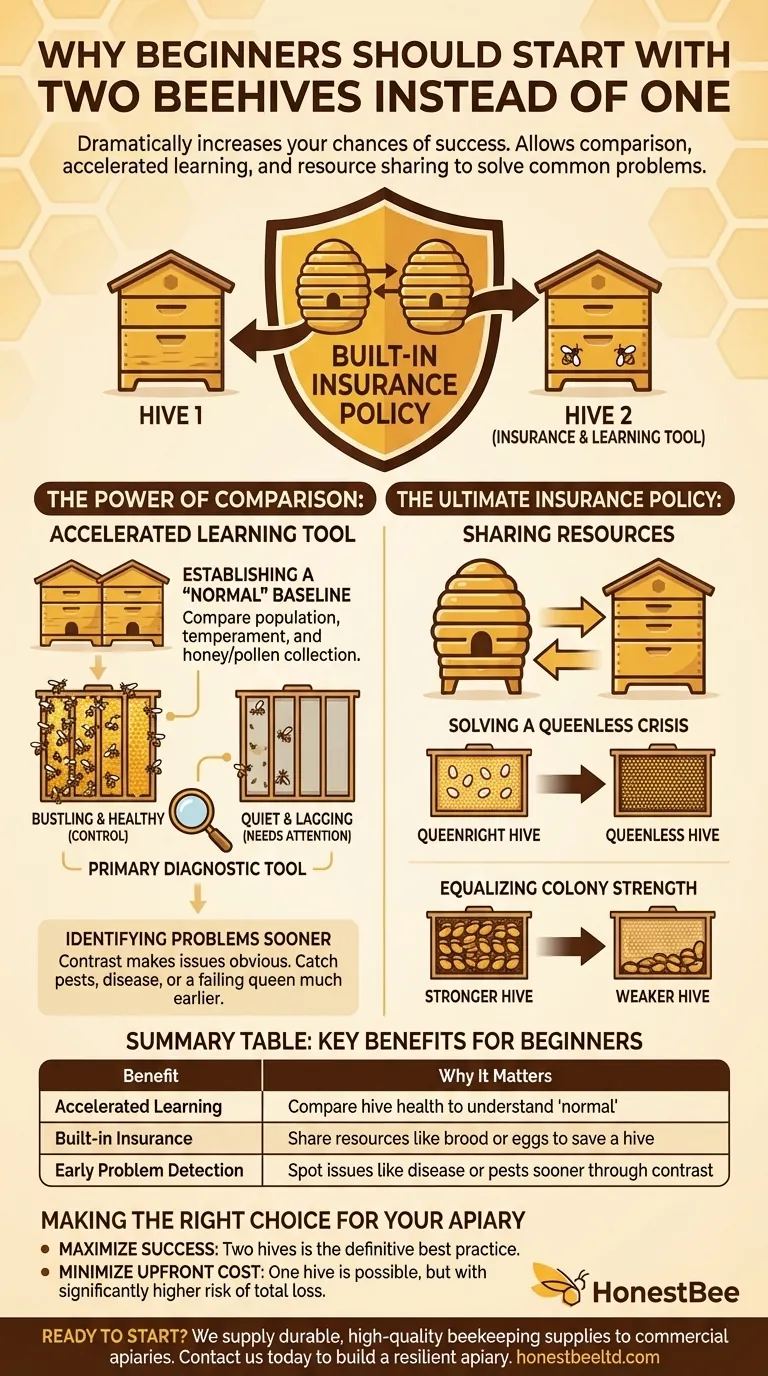 Why is it recommended for beginners to start with two hives instead of one? Boost Your Beekeeping Success Visual Guide