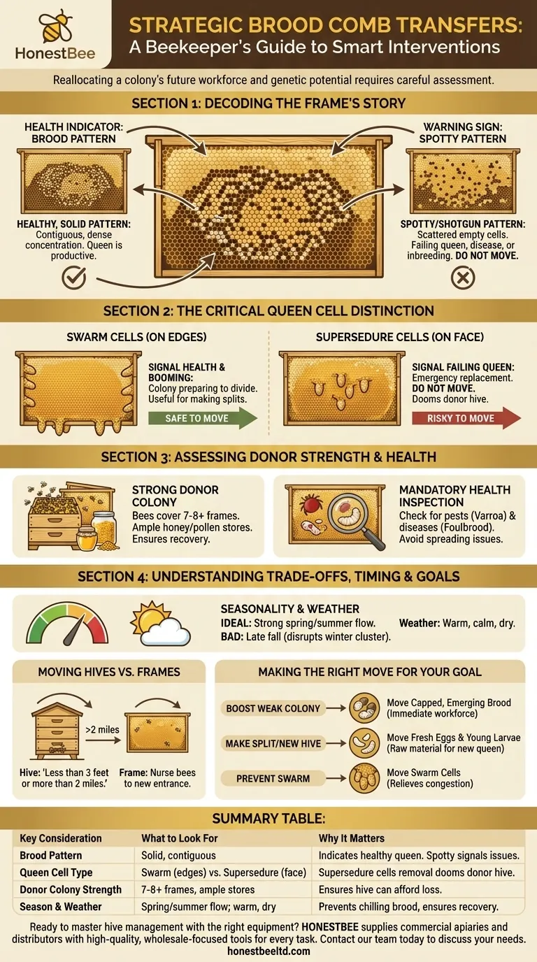 What should a beekeeper consider when transferring brood comb to a new hive? A Guide to Strategic Hive Management Visual Guide
