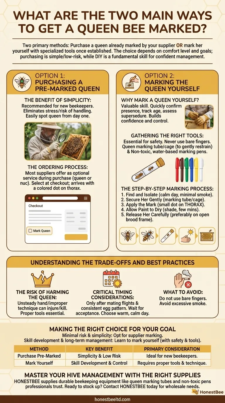 What are the two main ways to get a queen bee marked? Pre-Marked Purchase vs. DIY Beekeeping Skill Visual Guide