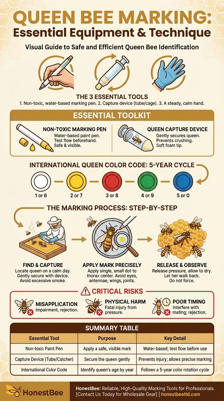 Welche Ausrüstung wird benötigt, um eine Bienenkönigin zu kennzeichnen? Ein einfacher 3-Werkzeug-Leitfaden für jeden Imker Visuelle Anleitung