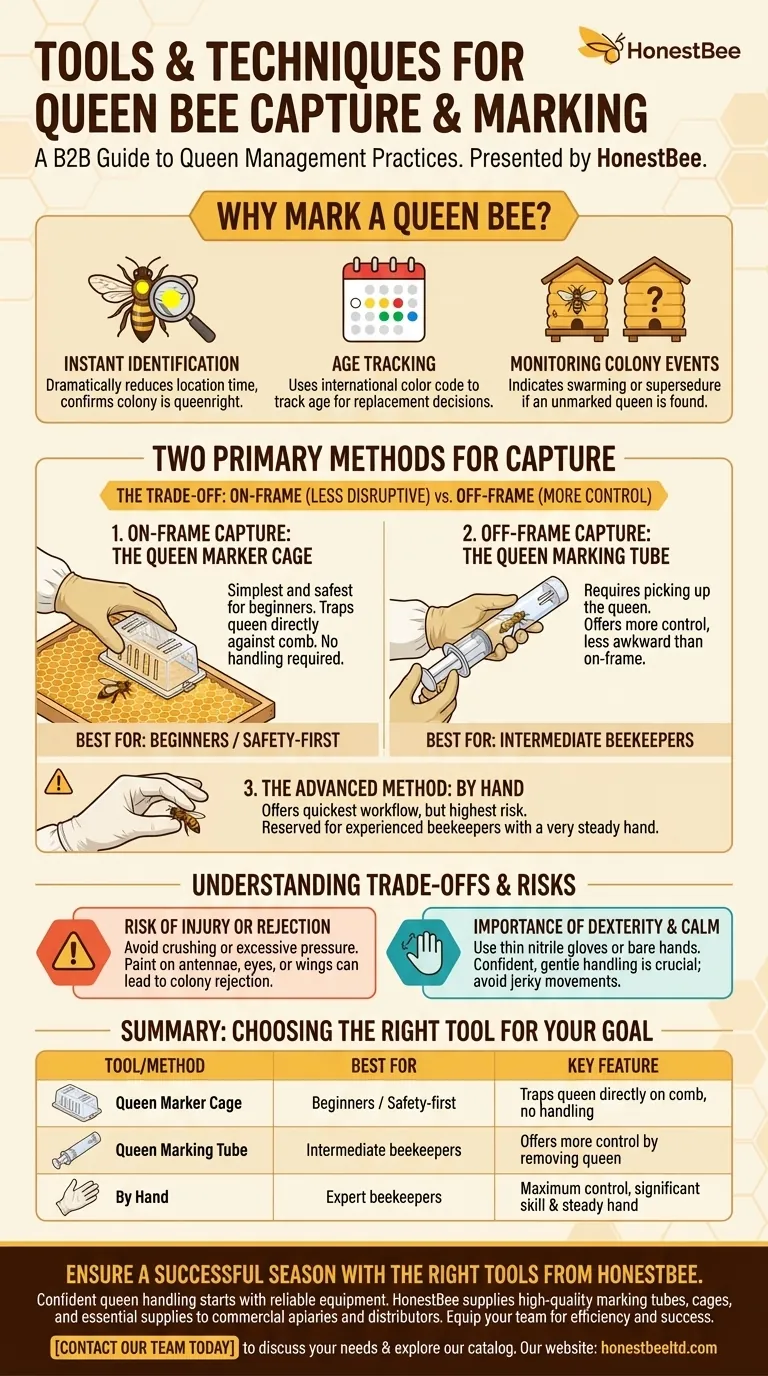 What tools can be used to capture a queen bee for marking? A Guide to Safe and Effective Handling Visual Guide