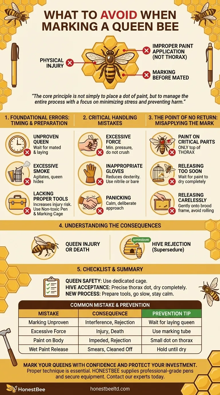 What should be avoided when marking a queen bee? Ensure Colony Health with Proper Technique Visual Guide
