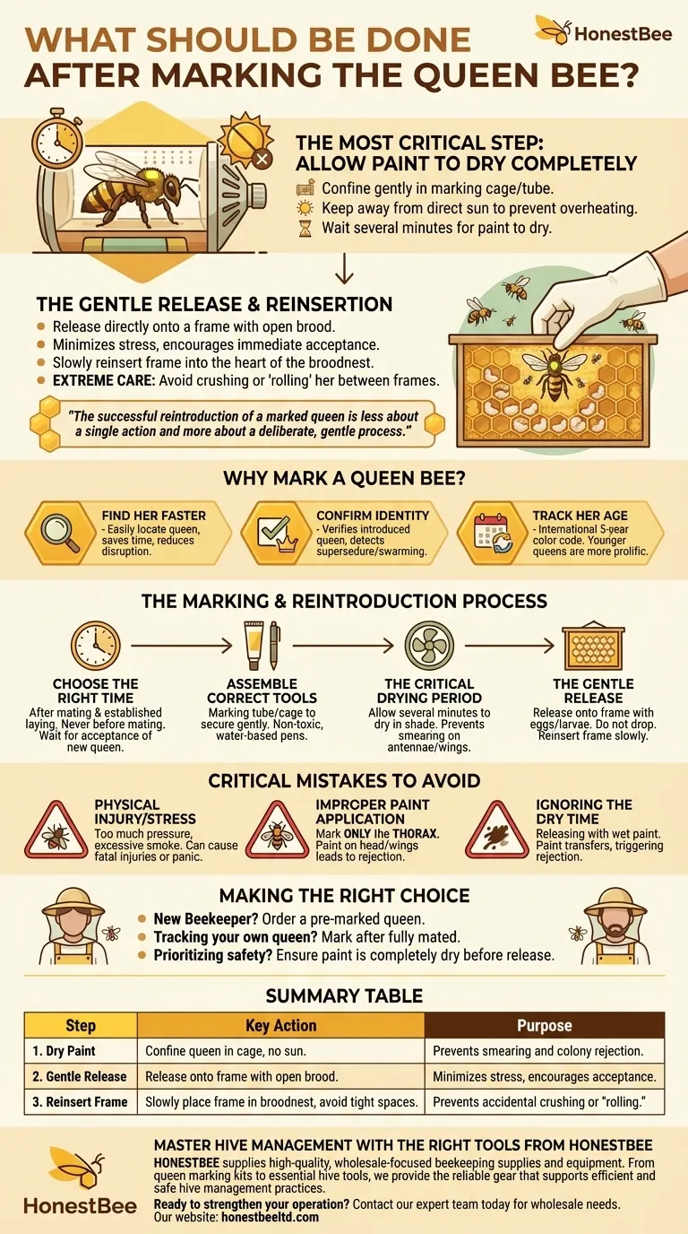 What should be done after marking the queen bee? Ensure a Safe Reintroduction for Hive Success Visual Guide