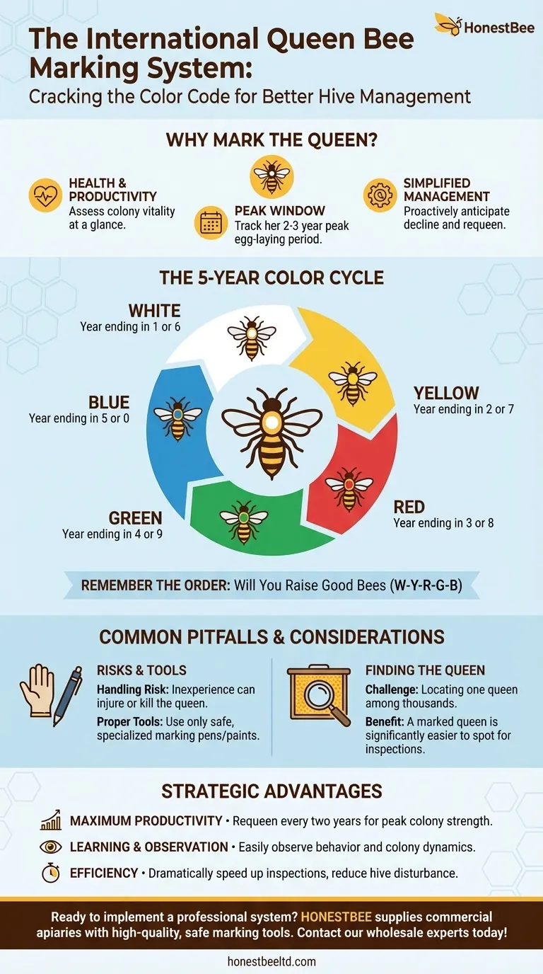 What are the color codes in the queen-marking system? Master Hive Management with the 5-Year Cycle Visual Guide