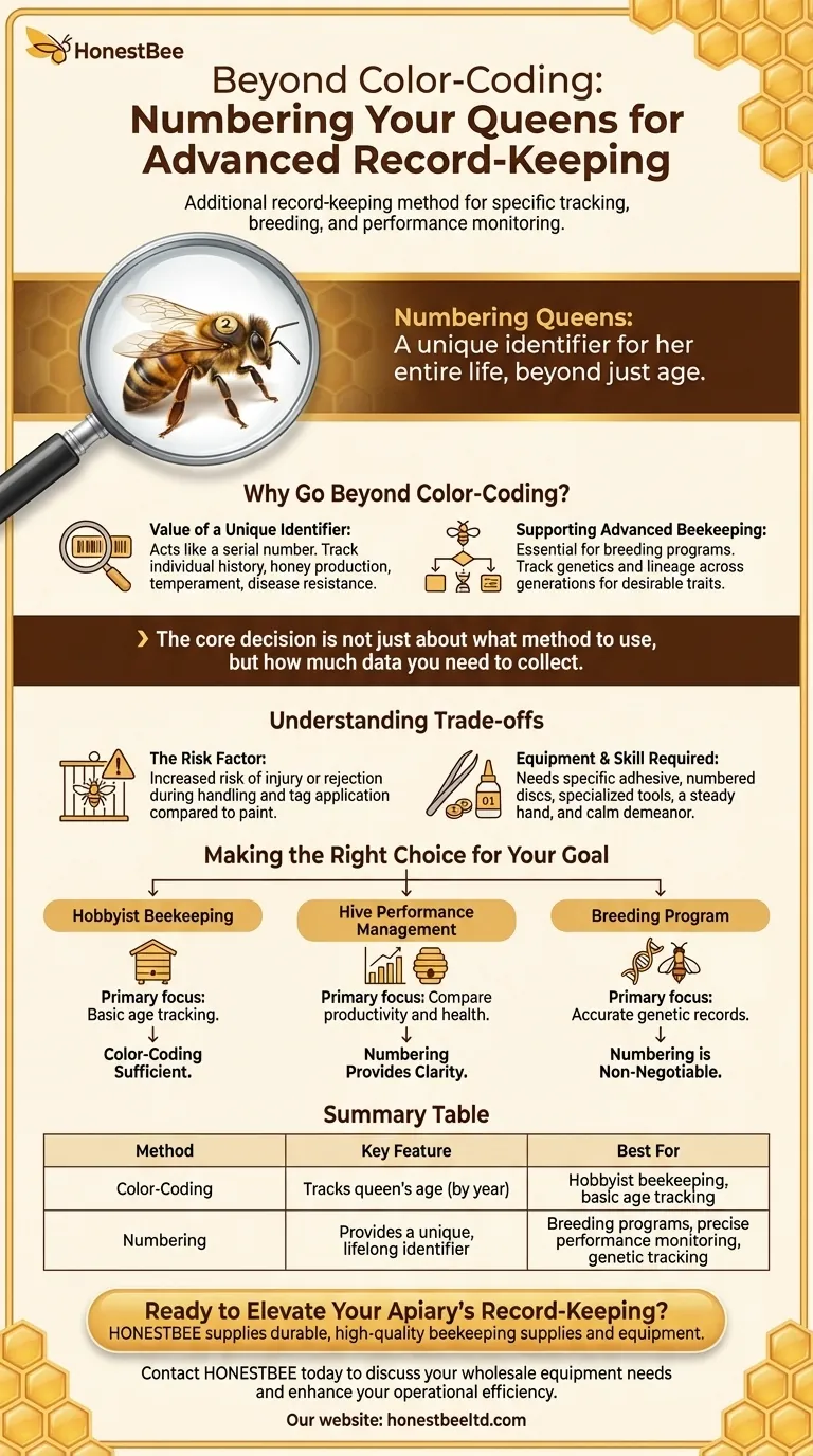 What additional record-keeping method do some beekeepers use? Numbering Queens for Precision Management Visual Guide