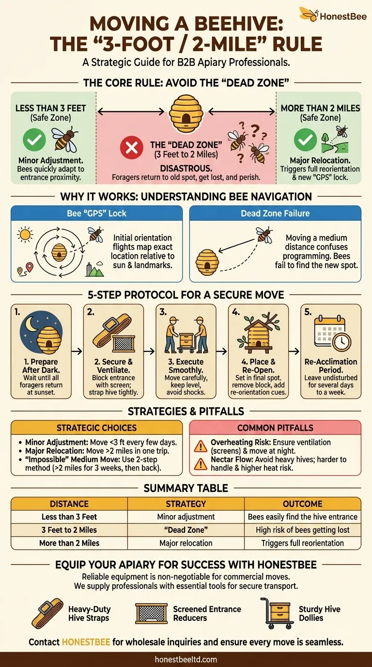 What are the recommended distances for moving a beehive? Follow the 3-Foot/2-Mile Rule for Success Visual Guide