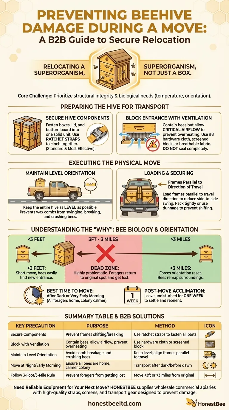 What precautions should be taken to avoid hive damage during the move? Secure Your Hive for Safe Transport Visual Guide