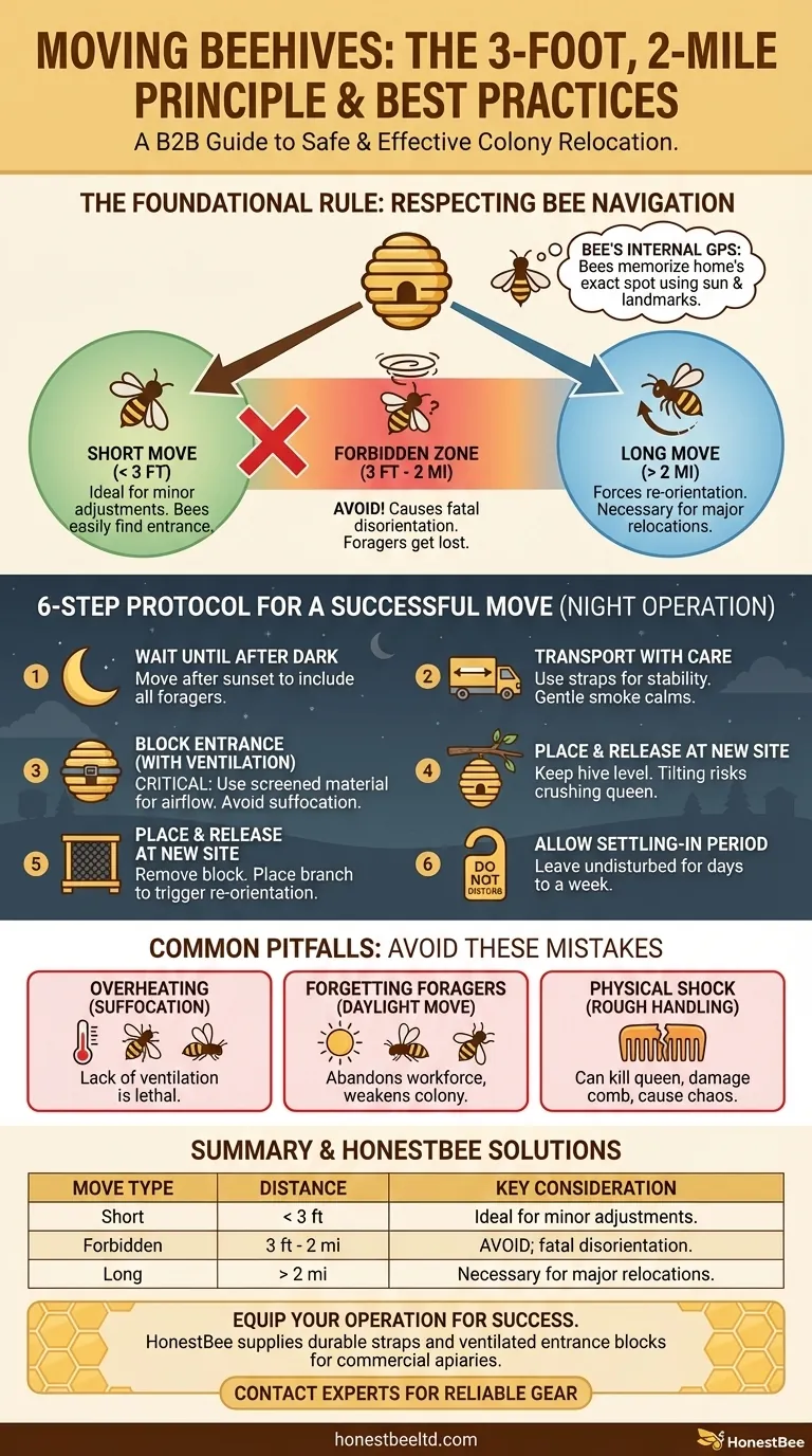 What is the general advice for beekeepers when moving a hive? Master the 3-Foot, 2-Mile Rule Visual Guide