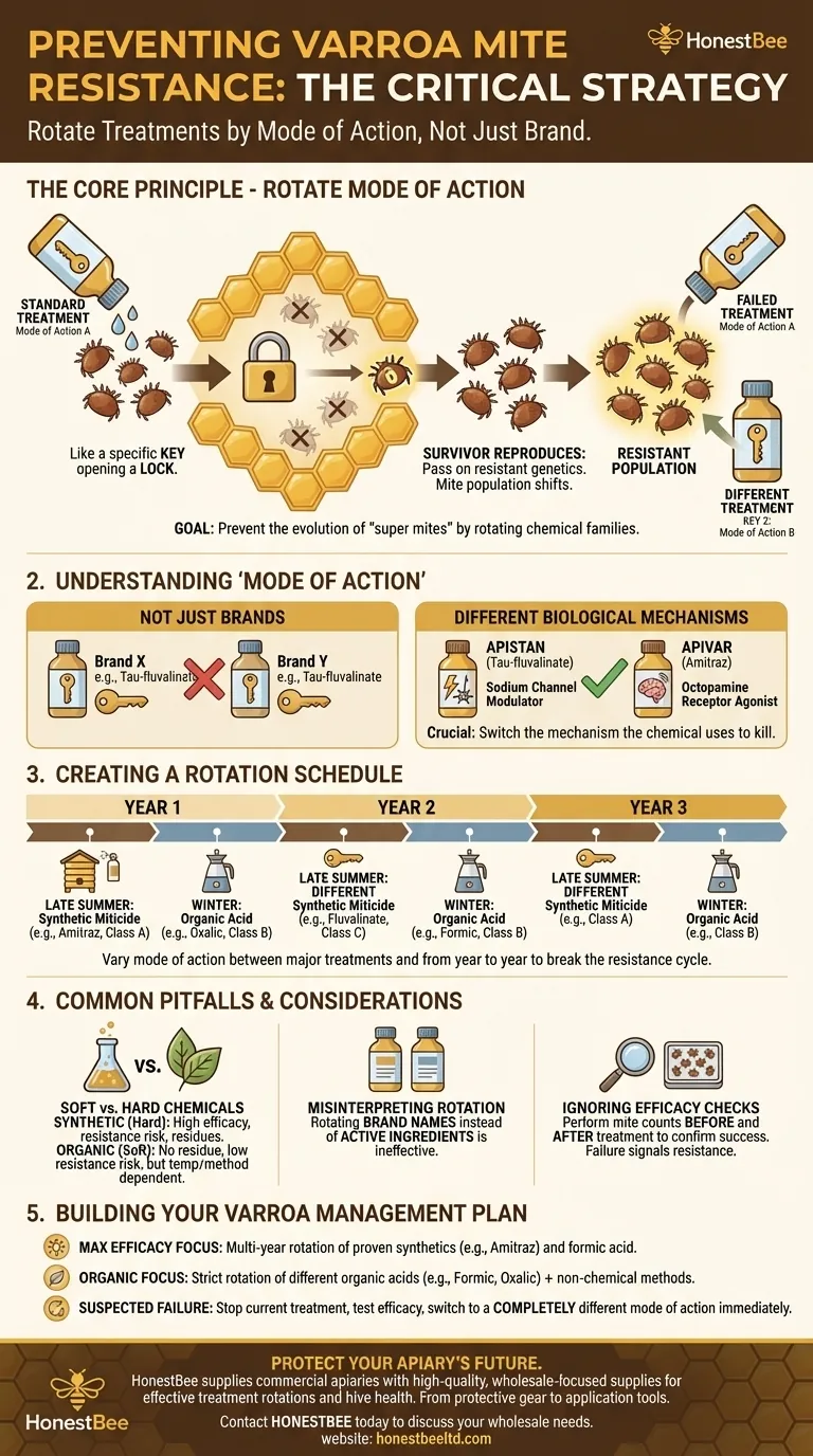 What is a common strategy to prevent Varroa mites from developing resistance to treatments? A Proactive Rotation Plan Visual Guide