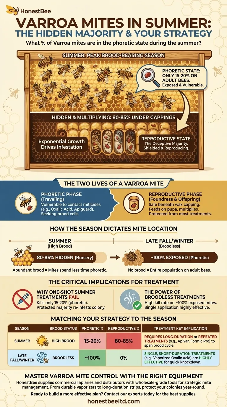 What percentage of Varroa mites are in the phoretic state during the summer? The Deceptive 15-20% Threat Visual Guide