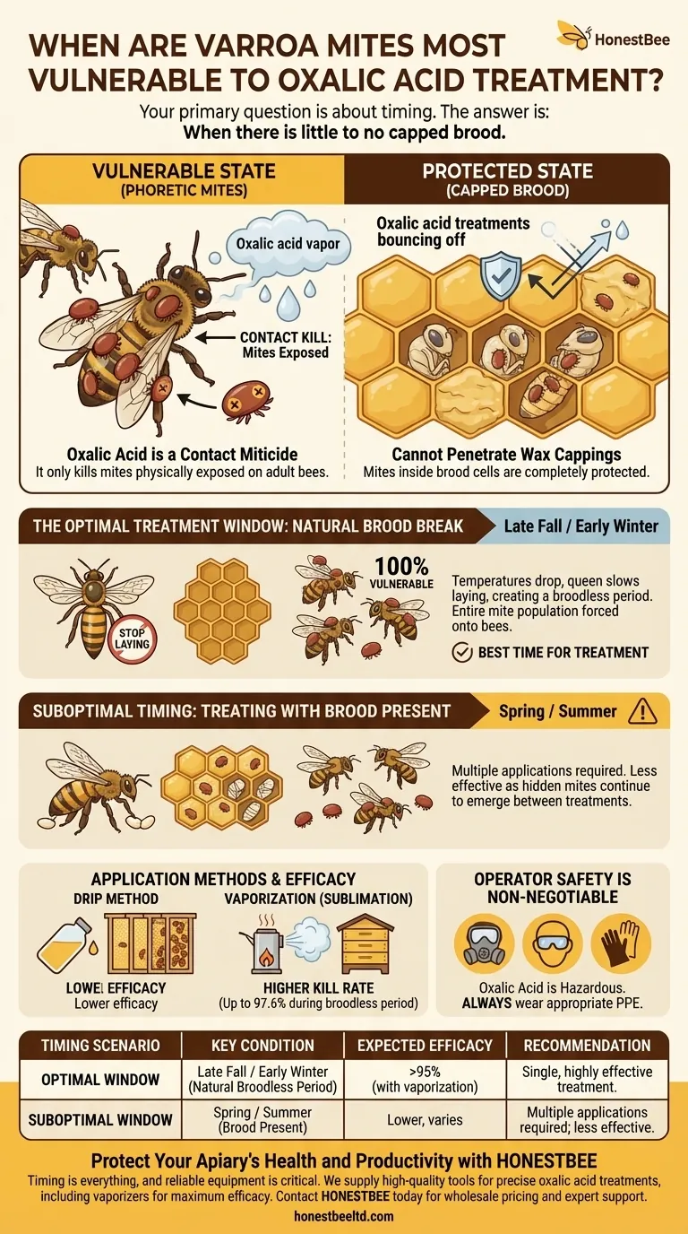 When are Varroa mites most vulnerable to oxalic acid treatment? Target the Broodless Period for Maximum Effect Visual Guide