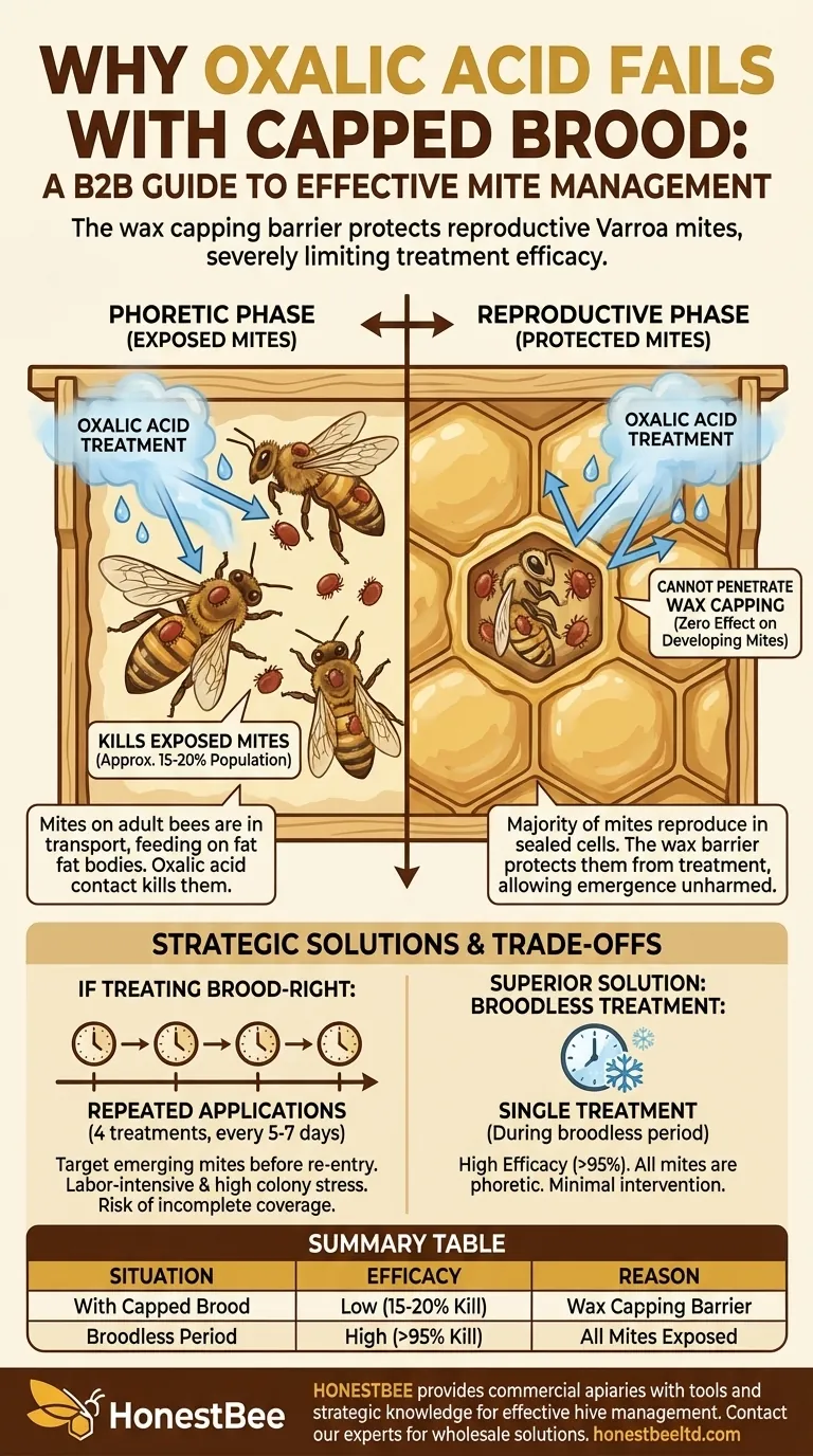 What happens when oxalic acid is applied with capped brood present? Limited Efficacy Explained Visual Guide
