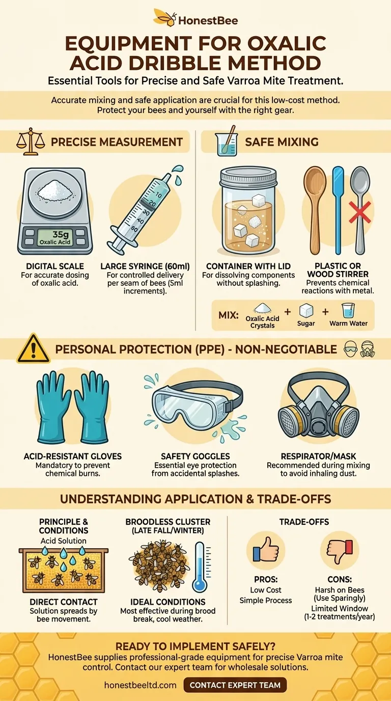 What equipment is needed for the dribble method of oxalic acid application? Assemble Your Essential Toolkit for Safe Varroa Mite Control Visual Guide