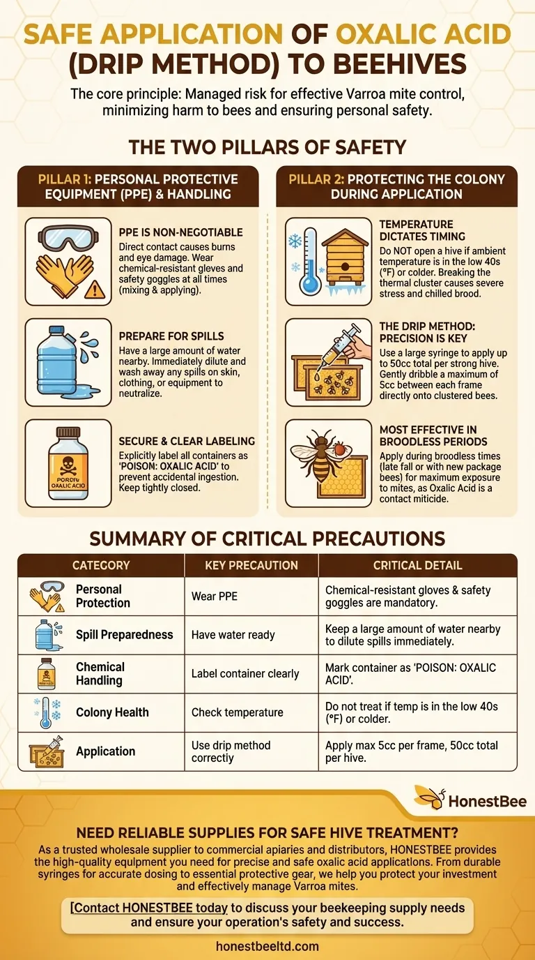 What precautions should be taken when applying the oxalic acid mixture to hives? Protect Your Bees and Yourself Visual Guide