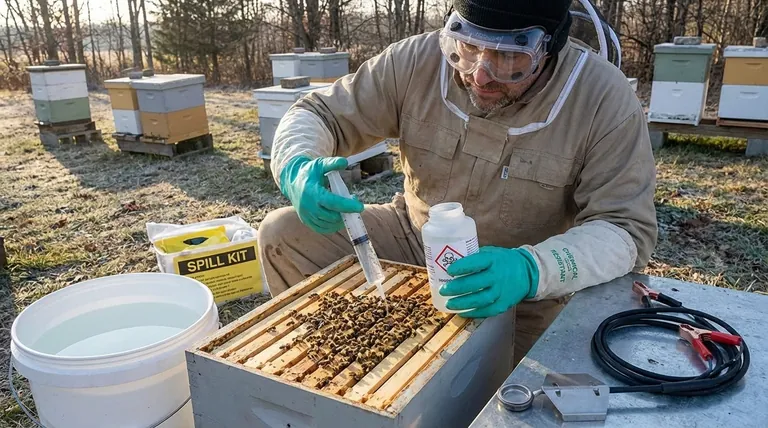 What precautions should be taken when applying the oxalic acid mixture to hives? Protect Your Bees and Yourself