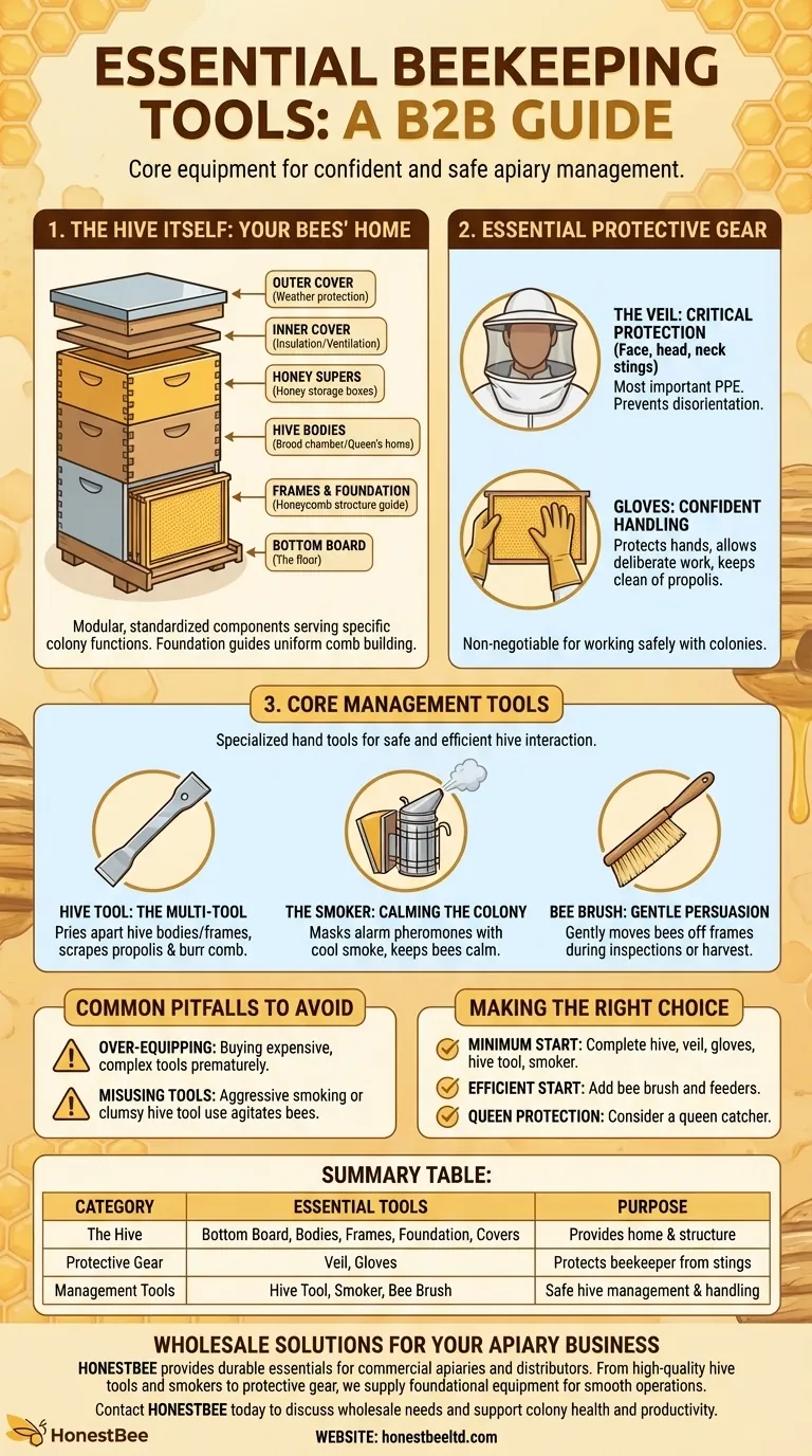 What are the basic tools needed for beekeeping? A Starter Kit Guide for New Beekeepers Visual Guide