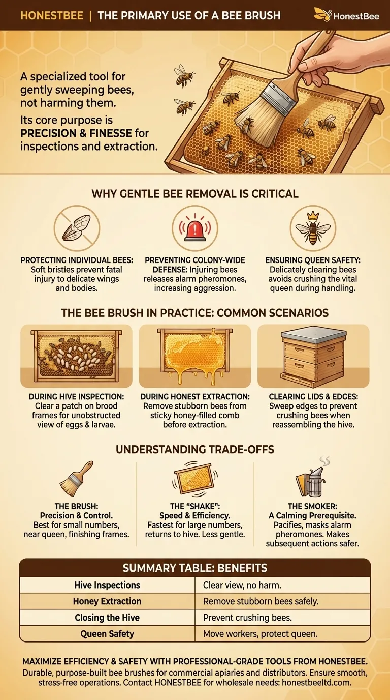 What is the primary use of a bee brush during inspections and extraction? Essential for Gentle Bee Handling Visual Guide