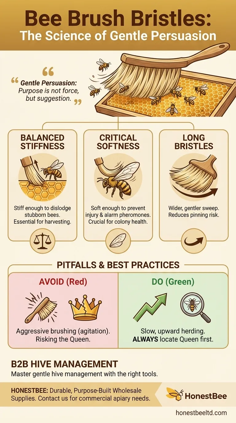 What are the characteristics of the bristles on a bee brush? Designed for Gentle Persuasion, Not Force Visual Guide