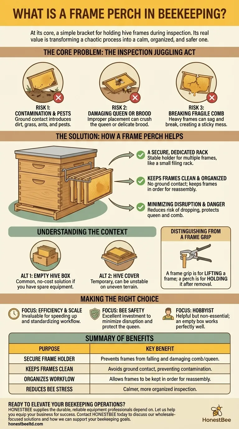 What is the purpose of a frame perch in beekeeping? A Safer, More Organized Hive Inspection Visual Guide